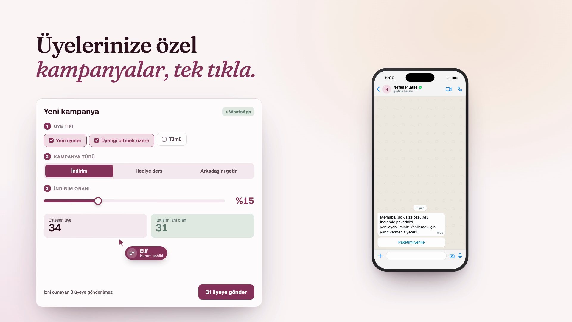Umay360 tanıtım filminden bir kare: kampanya ekranında üye tipi seçiliyor, yanda WhatsApp mesajı